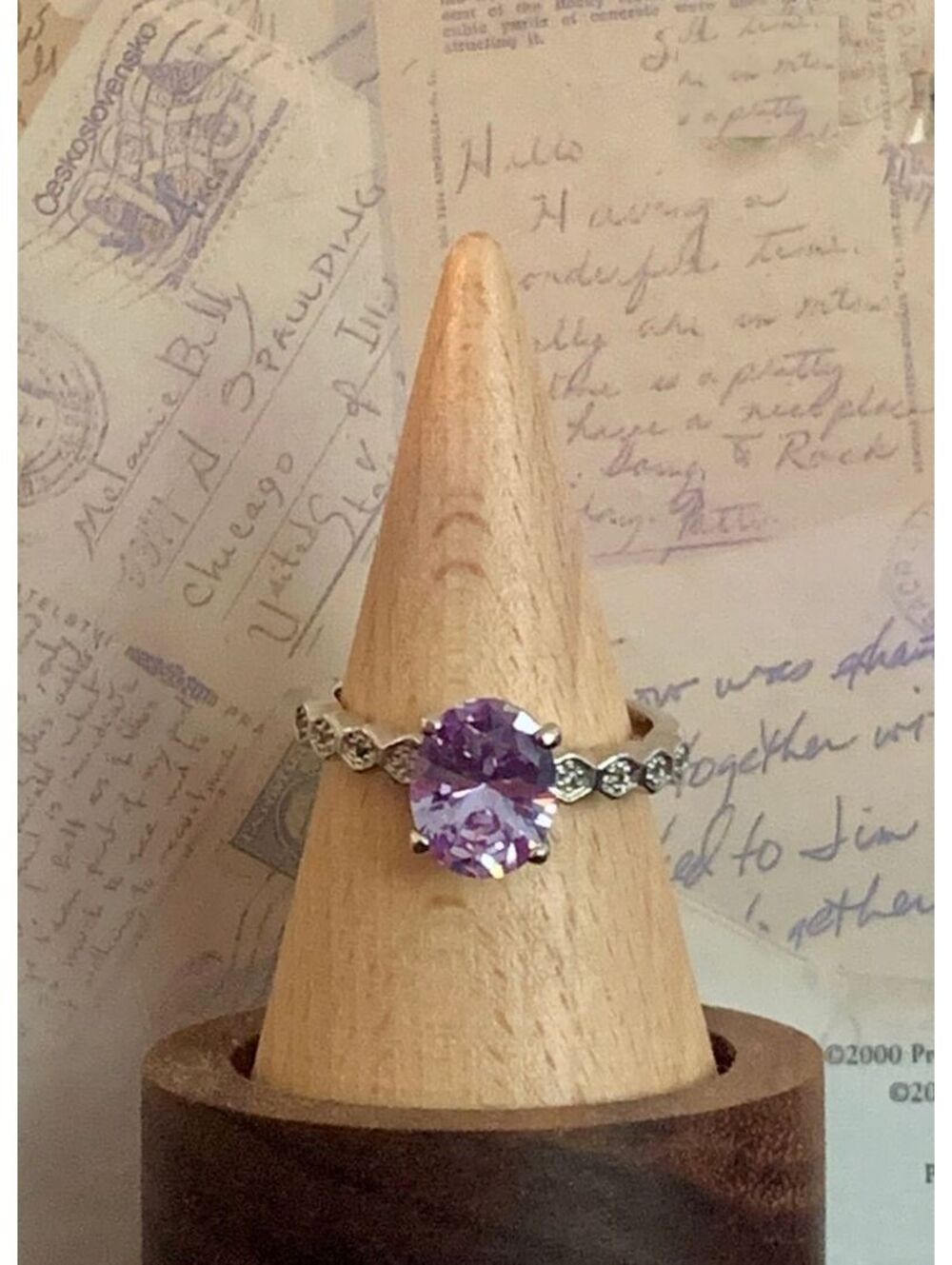 Vintage Stunning Amethyst Color Ring with Sparkling Accents in Silver Tone